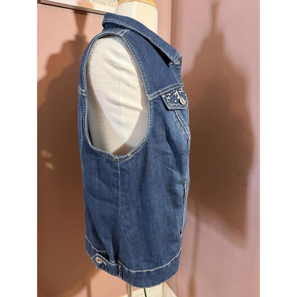 CJ Banks Denim Vest Womens X Blue Rhinestone Sleeveless Stretch Buttons Pockets - Picture 4 of 10